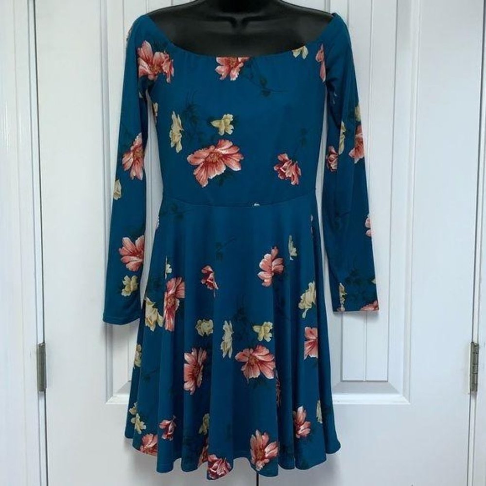 Nine Britton Off Shoulder Teal Floral Mini Dress - Picture 3 of 8